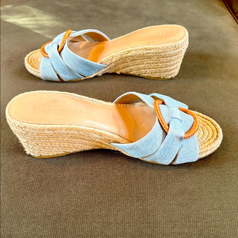 Veronica Beard Blue and Tan Wedge Espadrilles Slides